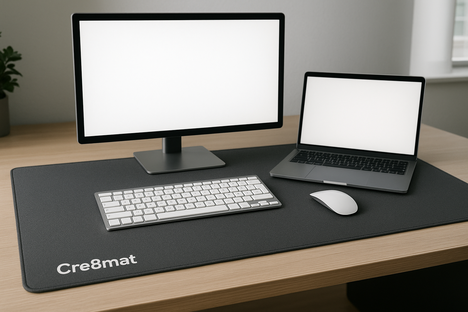 with a desktop monitor and laptop, mouse and a keyboard written Cre8mat